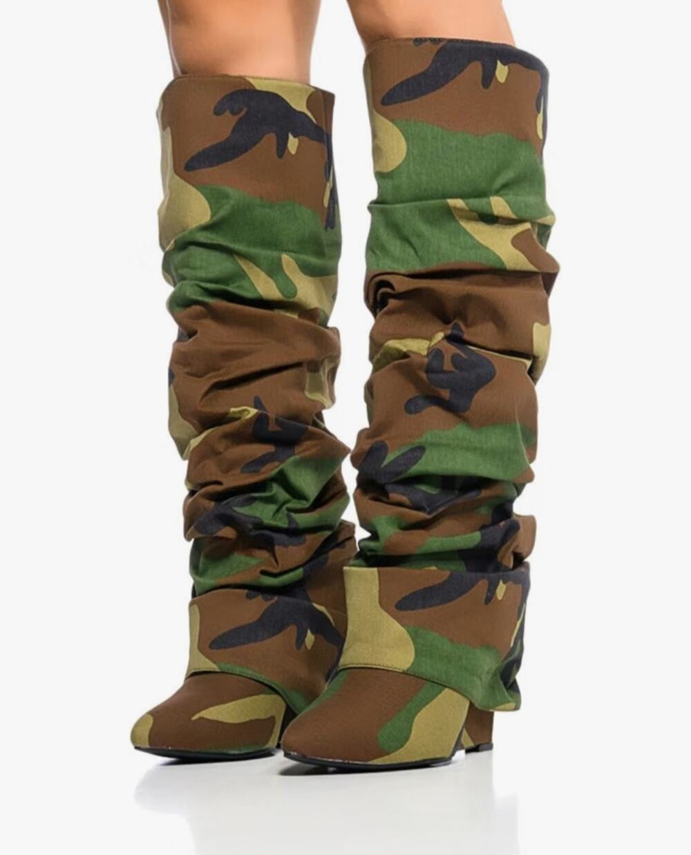 Fk.. MSRP $67 NWB ARQA CAMO PRINT SLOUCHY SHARK KNEE HIGH WEDGE BOOTS ♡SIZE 7♡